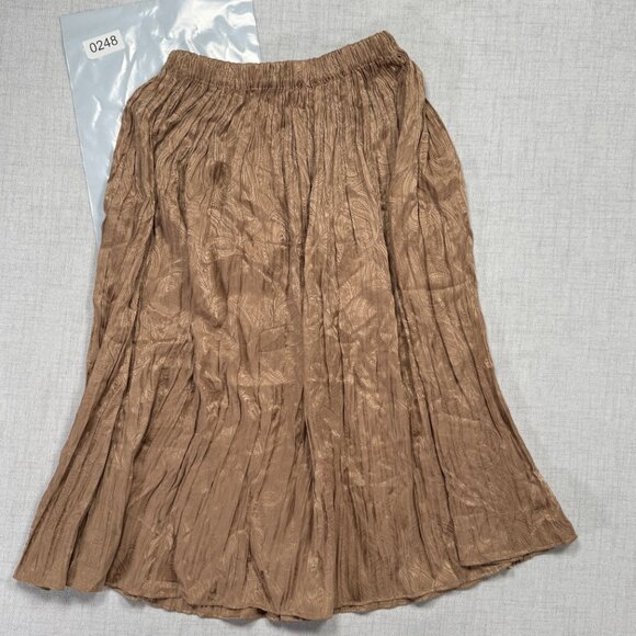 Vintage Seta Brown Pleated Silk Midi Skirt Crinkle Textured Elastic Waist Size M - Picture 2 of 7